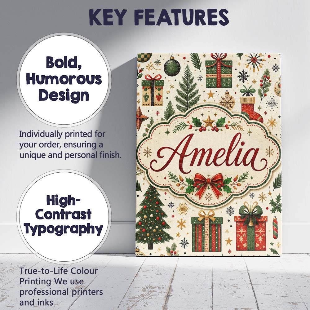 Personalised Name Festive Christmas Trees Custom Unique Gift Idea Elegant Feature Canvas Wall Art Print Decor Picture Ready to Hang