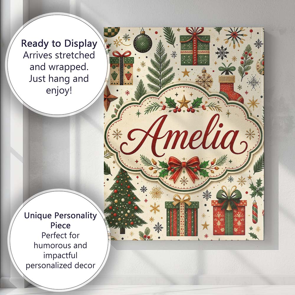 Personalised Name Festive Christmas Trees Custom Unique Gift Idea Elegant Feature Canvas Wall Art Print Decor Picture Ready to Hang