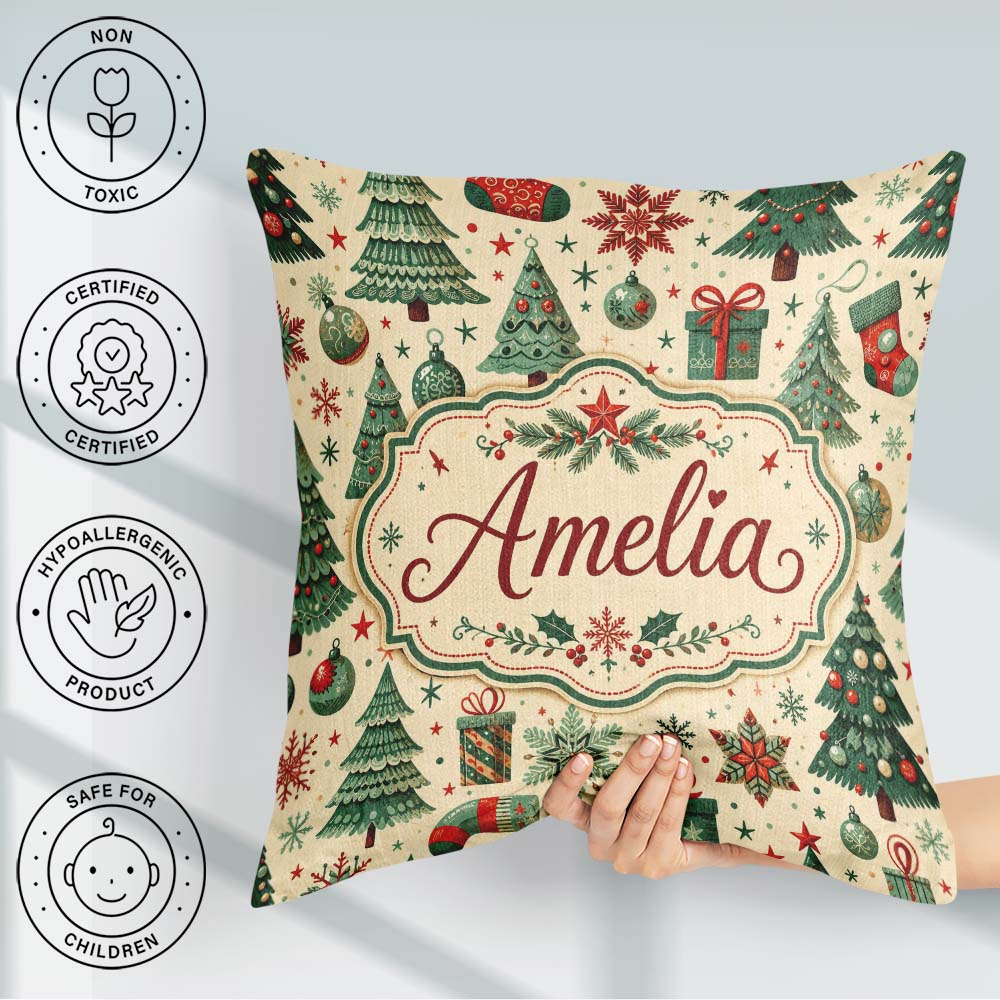 Custom Name Christmas Trees Snowflakes Ornaments Festive Holiday Square Filled Cushion Throw Pillow Sofa Bed Home Decor Zip Washable UK Made