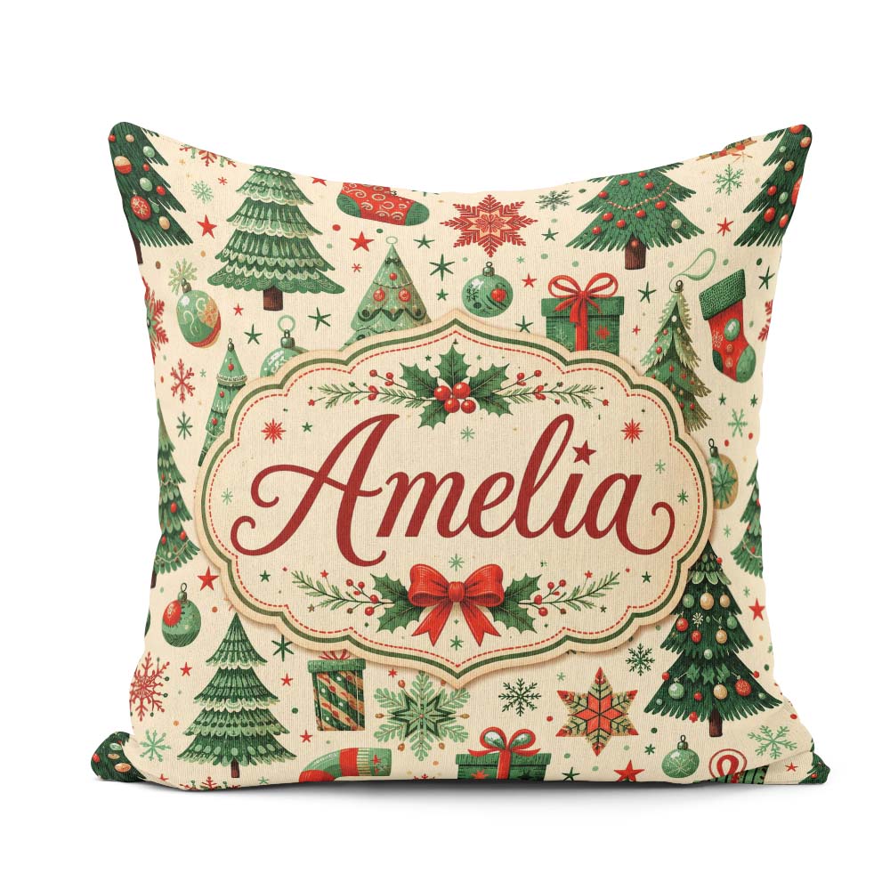 Custom Name Christmas Trees Stockings Snowflakes Festive Holiday Square Filled Cushion Throw Pillow Sofa Bed Home Decor Zip Washable UK Made
