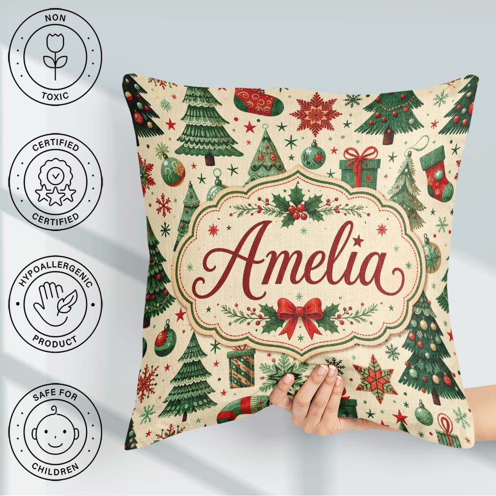 Custom Name Christmas Trees Stockings Snowflakes Festive Holiday Square Filled Cushion Throw Pillow Sofa Bed Home Decor Zip Washable UK Made