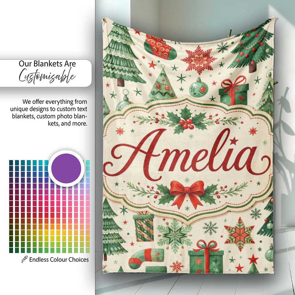 Cute Christmas Trees Stockings Snowflakes Festive Holiday Design Personalised Custom Name Super Soft Fleece Blanket Bed Sofa Throw