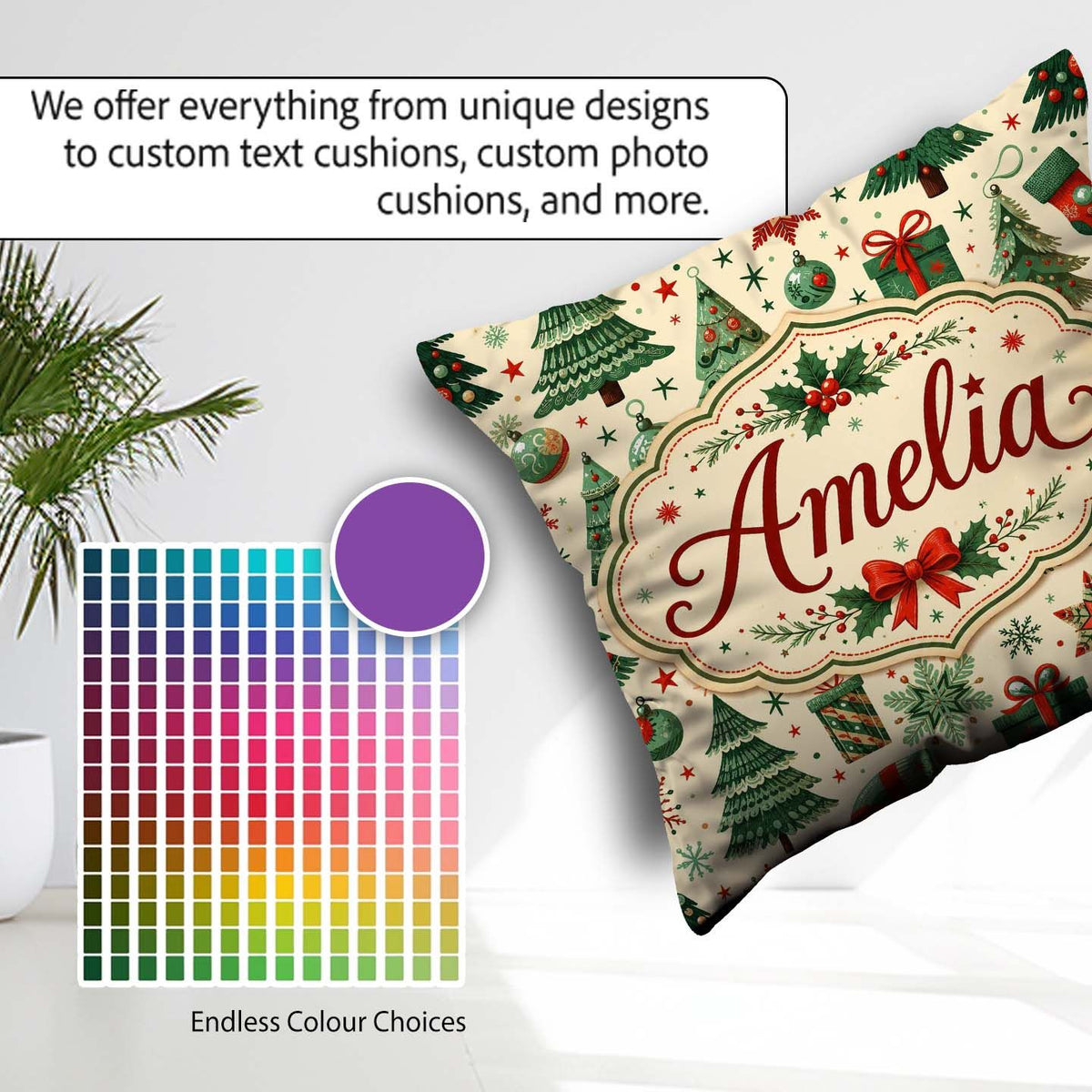 Custom Name Christmas Trees Stockings Snowflakes Festive Holiday Square Filled Cushion Throw Pillow Sofa Bed Home Decor Zip Washable UK Made