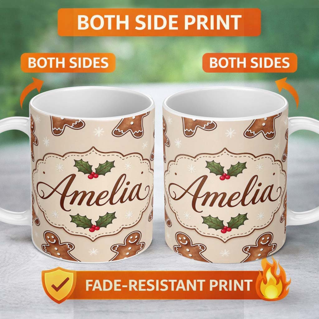 Personalized Custom Name Gingerbread Cookies Holly Leaves Festive Christmas Seamless Pattern 11oz Ceramic Coffee Tea Mug White Large Handle