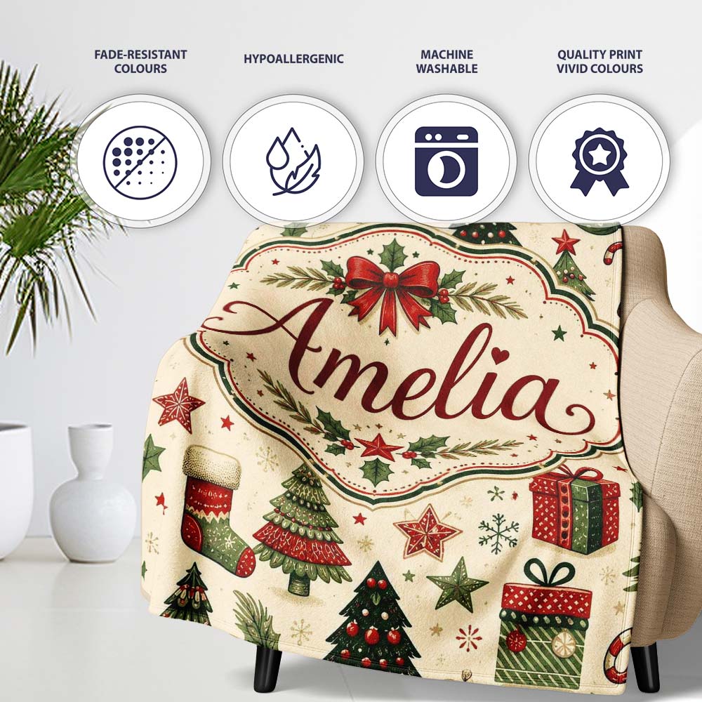 Elegant Christmas Trees Baubles Stars Seamless Pattern Festive Personalised Custom Name Super Soft Fleece Blanket Bed Sofa Throw