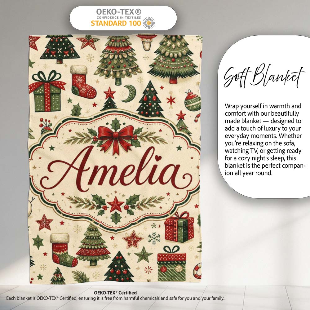 Elegant Christmas Trees Baubles Stars Seamless Pattern Festive Personalised Custom Name Super Soft Fleece Blanket Bed Sofa Throw
