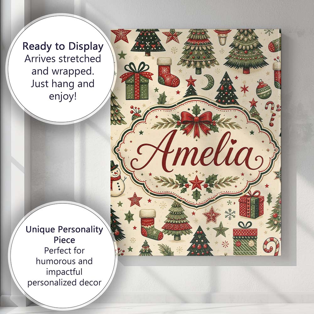 Personalised Name Elegant Christmas Trees Custom Bespoke Decorative Contemporary Canvas Wall Art Print Decor Picture Ready to Hang