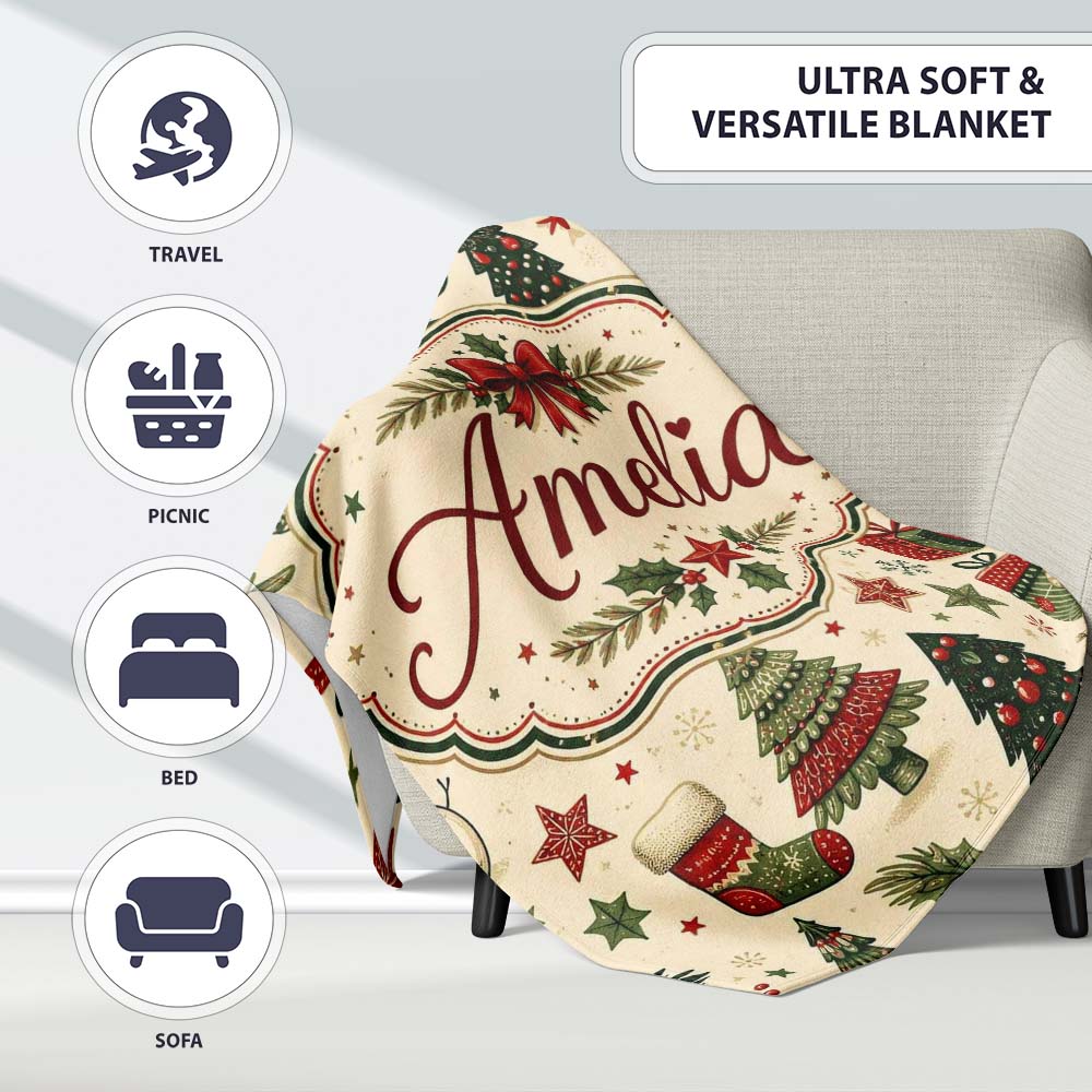 Elegant Christmas Trees Baubles Stars Seamless Pattern Festive Personalised Custom Name Super Soft Fleece Blanket Bed Sofa Throw