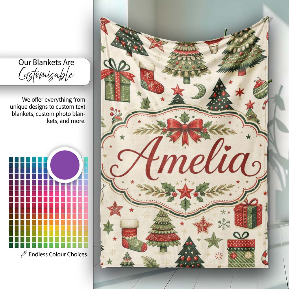 Elegant Christmas Trees Baubles Stars Seamless Pattern Festive Personalised Custom Name Super Soft Fleece Blanket Bed Sofa Throw