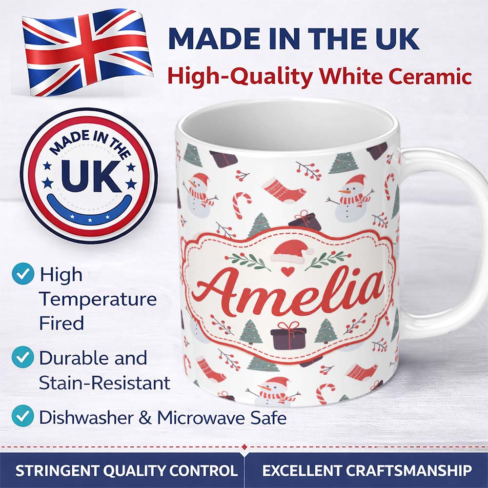 Personalized Custom Name Cute Snowman Christmas Tree Candy Cane Seamless Pattern Lovely 11oz Ceramic Coffee Tea Mug White Large Handle