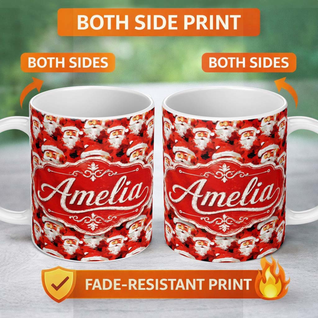 Personalized Custom Name Painterly Santa Faces Red Abstract Christmas Festive Brushstroke 11oz Ceramic Coffee Tea Mug White Large Handle
