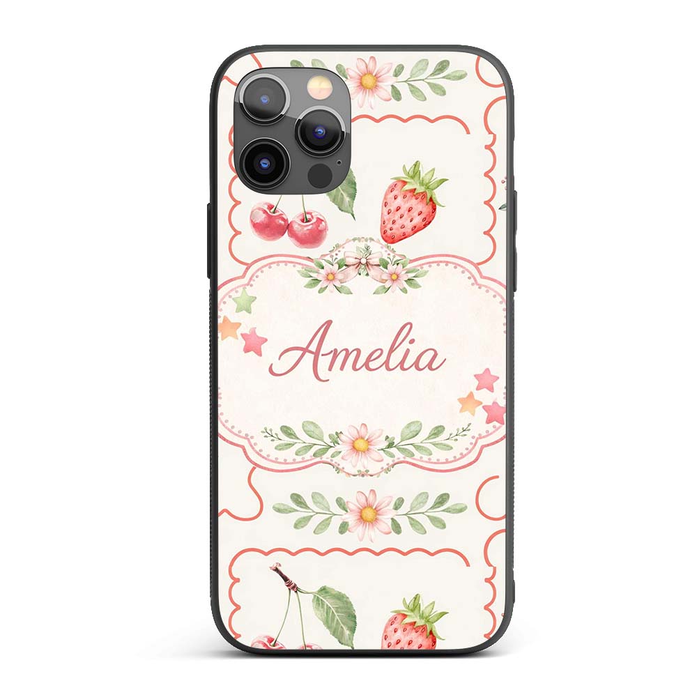 Strawberry Cherry Bow Seamless Printed Design Custom Name Protective Phone Case Mobile Cover Durable Everyday Smartphone Shock Resistant