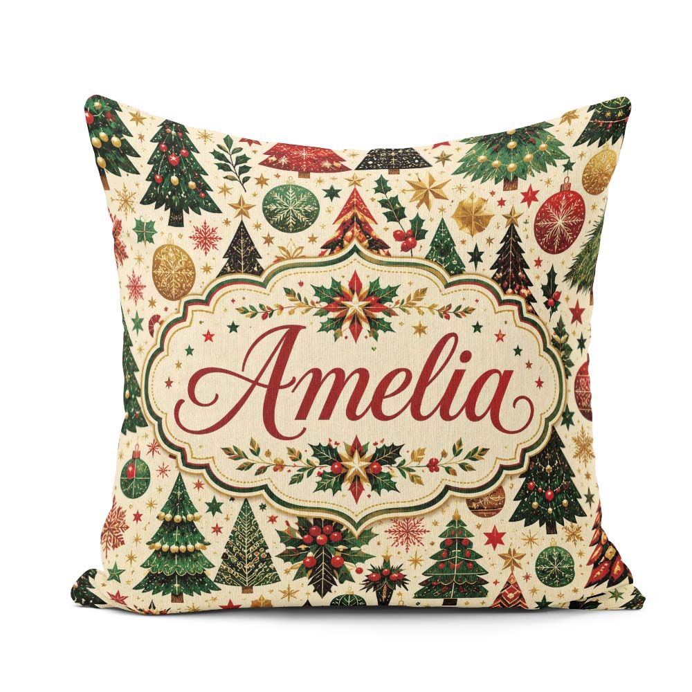 Custom Name Festive Trees Stars Baubles Holiday Seamless Pattern Square Filled Cushion Throw Pillow Sofa Bed Home Decor Zip Washable UK Made