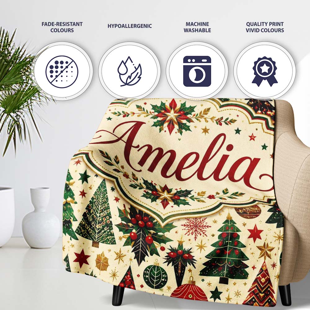Festive Christmas Trees Stars Baubles Holiday Seamless Pattern Personalised Custom Name Super Soft Fleece Blanket Bed Sofa Throw