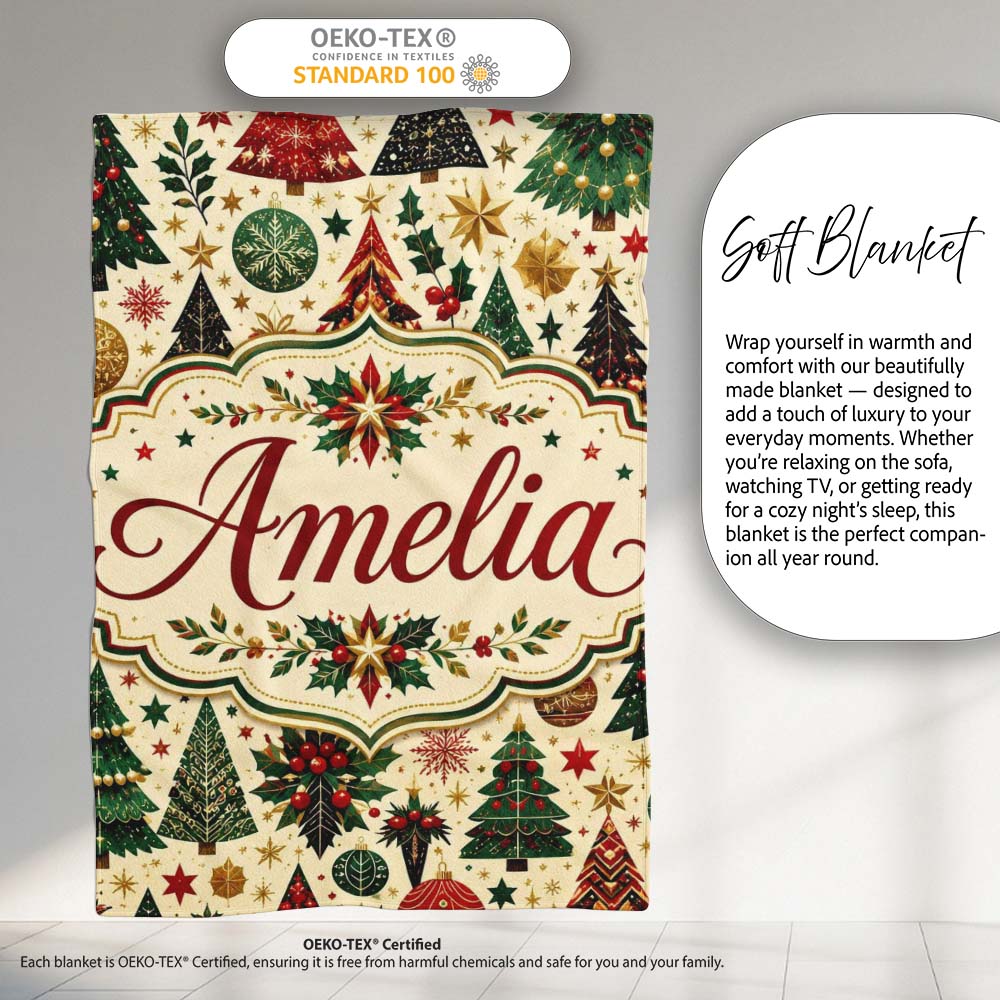 Festive Christmas Trees Stars Baubles Holiday Seamless Pattern Personalised Custom Name Super Soft Fleece Blanket Bed Sofa Throw