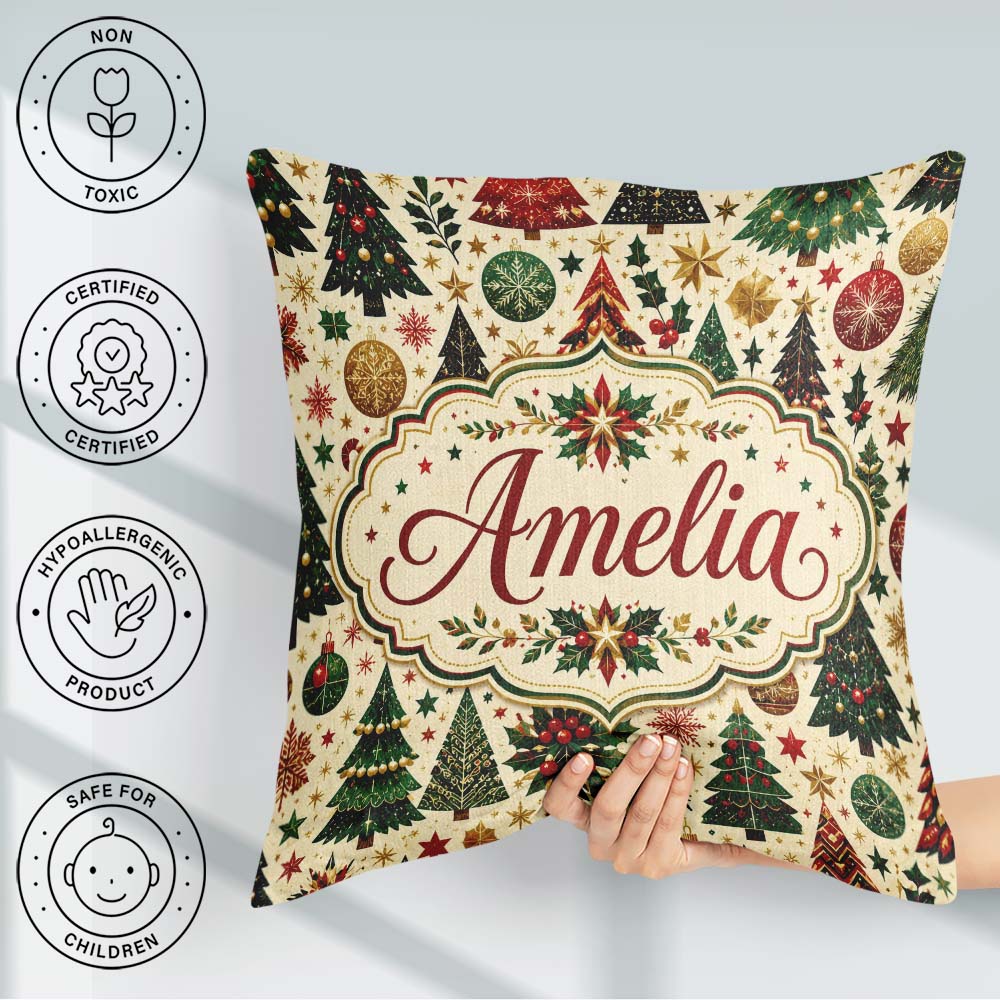 Custom Name Festive Trees Stars Baubles Holiday Seamless Pattern Square Filled Cushion Throw Pillow Sofa Bed Home Decor Zip Washable UK Made