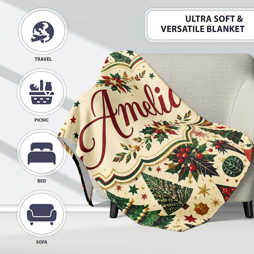 Festive Christmas Trees Stars Baubles Holiday Seamless Pattern Personalised Custom Name Super Soft Fleece Blanket Bed Sofa Throw