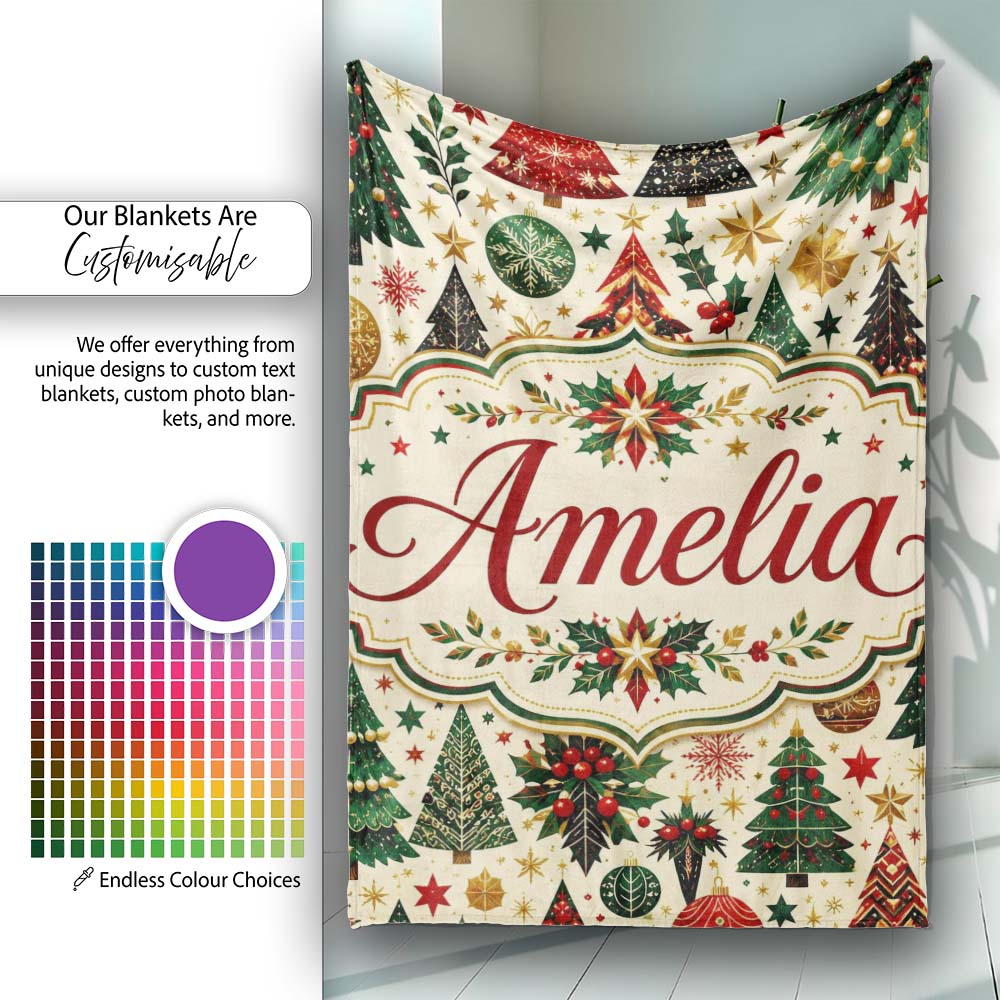 Festive Christmas Trees Stars Baubles Holiday Seamless Pattern Personalised Custom Name Super Soft Fleece Blanket Bed Sofa Throw