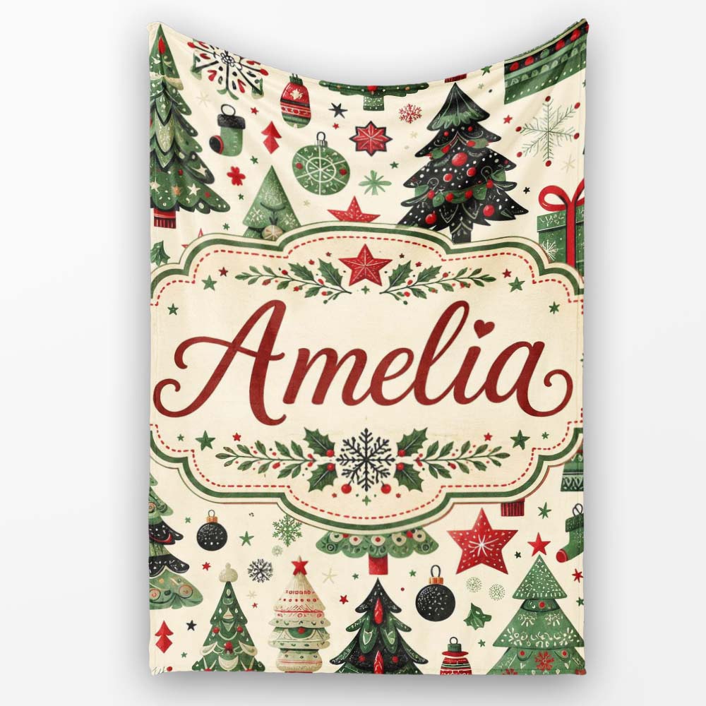 Christmas Trees Stars Gifts Ornaments Seamless Pattern Holiday Personalised Custom Name Super Soft Fleece Blanket Bed Sofa Throw
