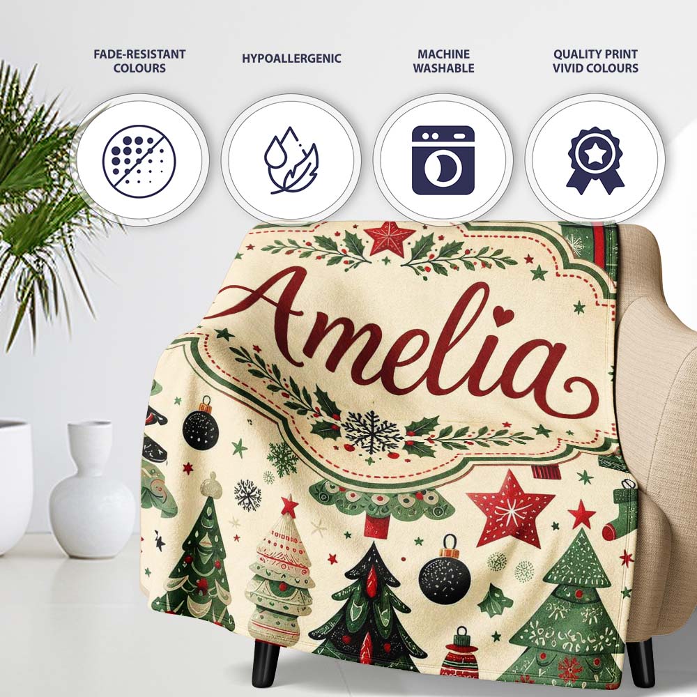 Christmas Trees Stars Gifts Ornaments Seamless Pattern Holiday Personalised Custom Name Super Soft Fleece Blanket Bed Sofa Throw