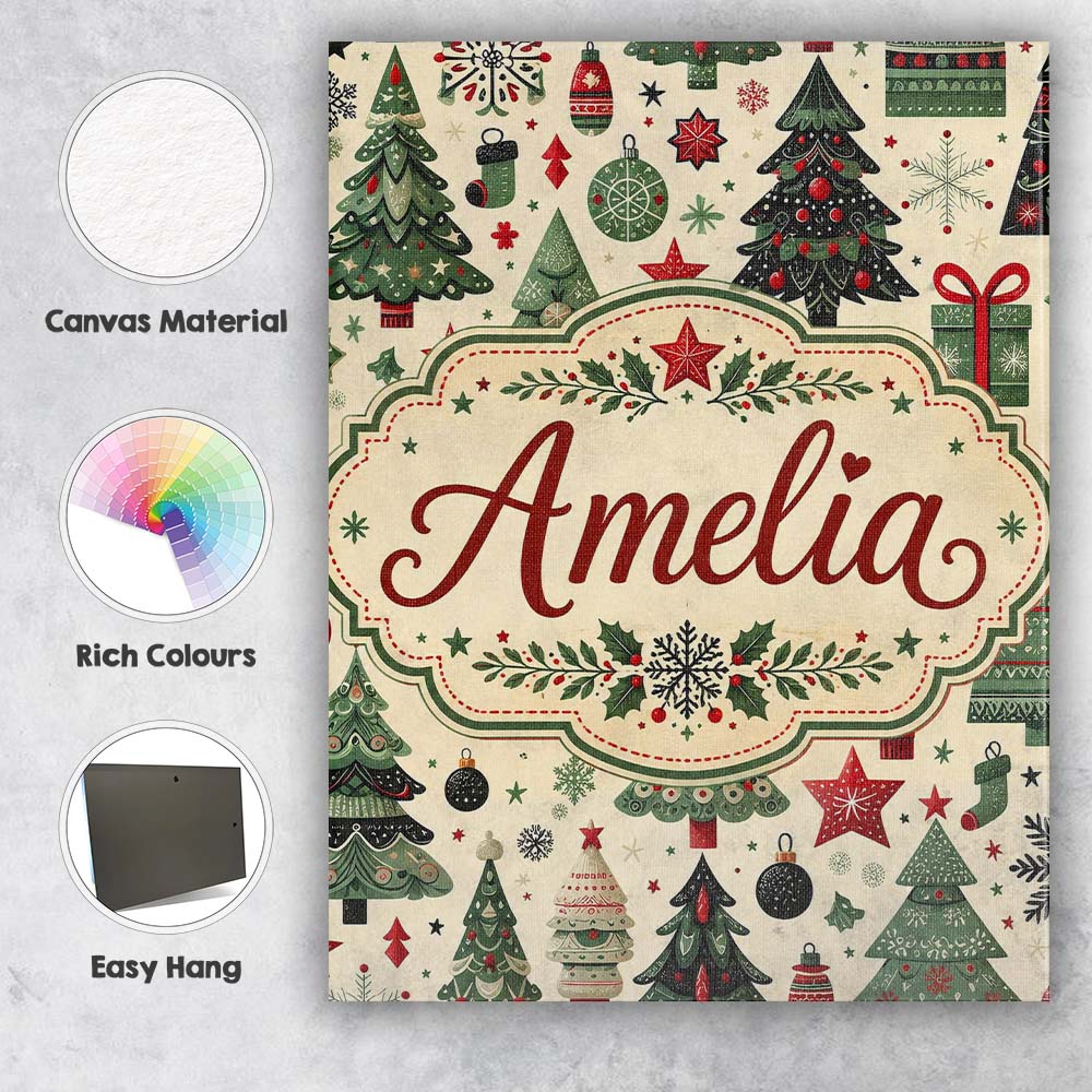 Personalised Name Christmas Trees Stars Custom Modern Room Accent Elegant Feature Canvas Wall Art Print Decor Picture Ready to Hang