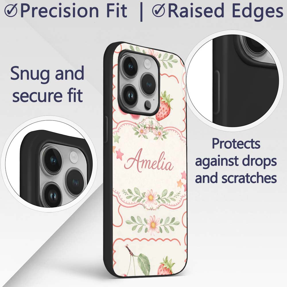 Strawberry Cherry Bow Seamless Printed Design Custom Name Protective Phone Case Mobile Cover Durable Everyday Smartphone Shock Resistant