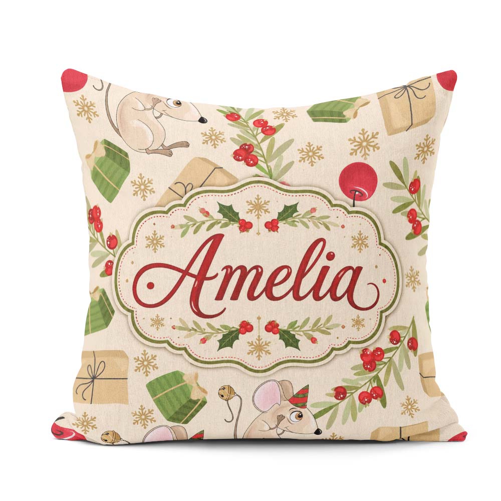 Custom Name Mouse Gifts Berries Seamless Pattern Festive Holiday Square Filled Cushion Throw Pillow Sofa Bed Home Decor Zip Washable UK Made