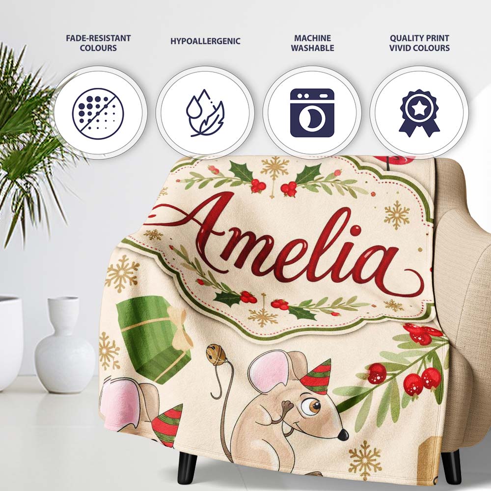 Cute Mouse Gifts Berries Snowflakes Seamless Pattern Festive Holiday Personalised Custom Name Super Soft Fleece Blanket Bed Sofa Throw