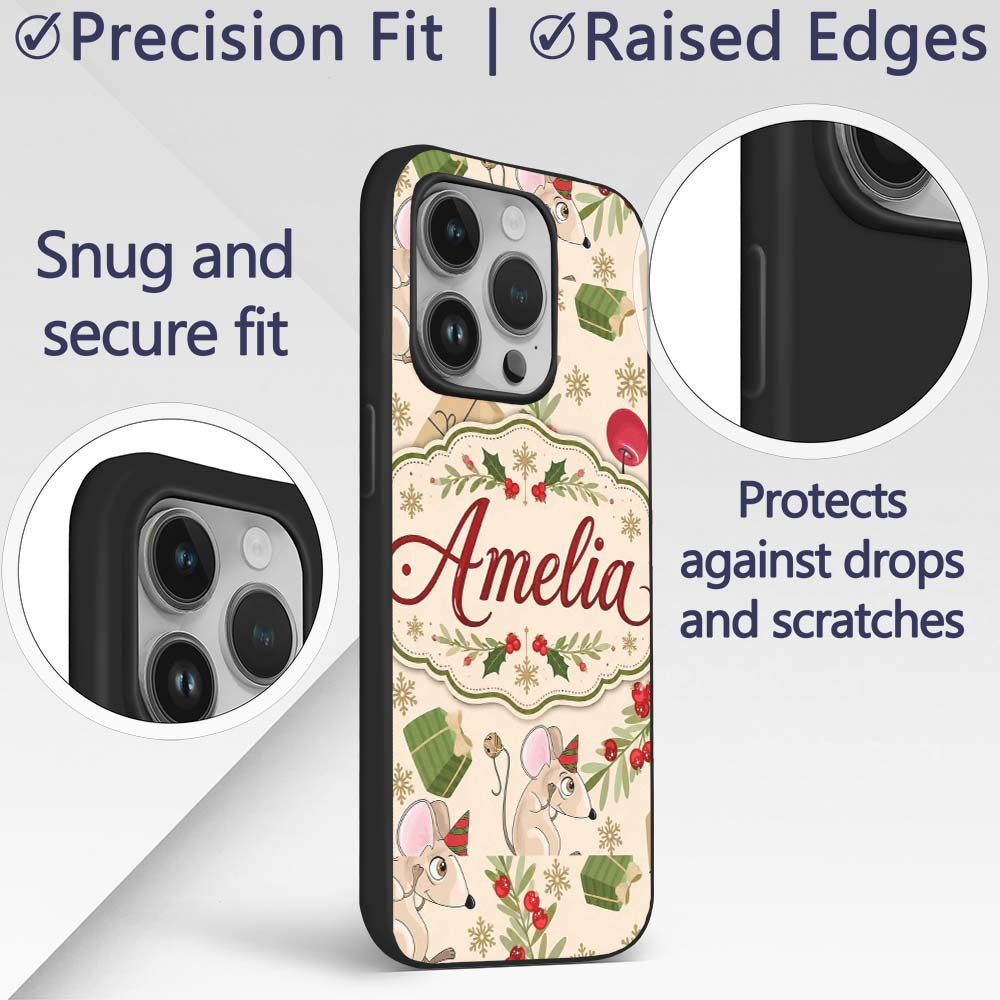 Cute Mouse Gifts Berries Snowflakes Seamless Custom Name Protective Phone Case Mobile Cover Durable Everyday Smartphone Shock Resistant