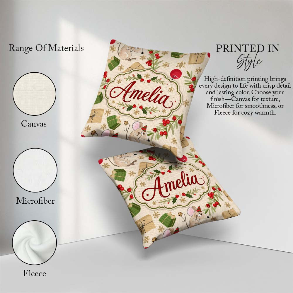 Custom Name Mouse Gifts Berries Seamless Pattern Festive Holiday Square Filled Cushion Throw Pillow Sofa Bed Home Decor Zip Washable UK Made