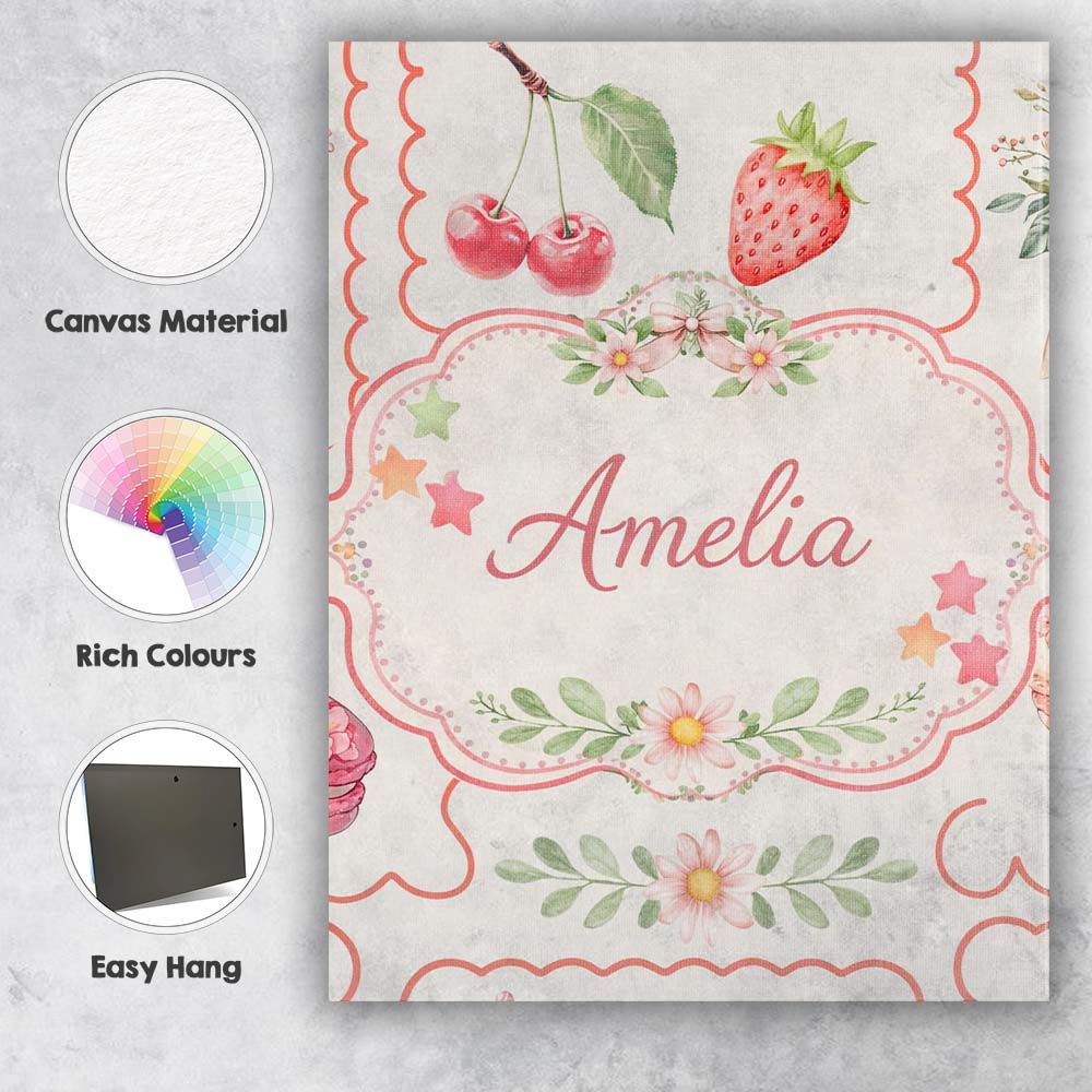 Personalised Name Strawberry Cherry Bow Seamless Pattern Cute Pastel Custom Home Canvas Wall Art Print Decor Picture Ready to Hang