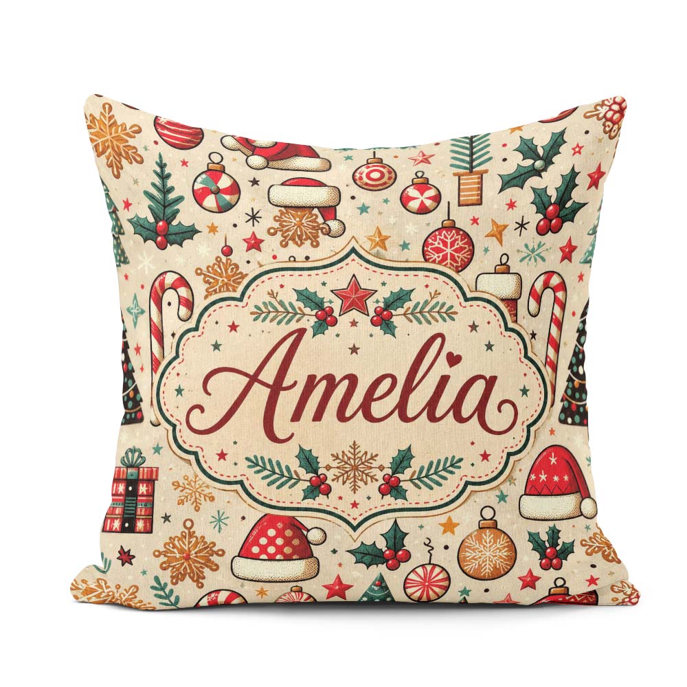 Custom Name Christmas Tree Cane Baubles Seamless Pattern Festive Square Filled Cushion Throw Pillow Sofa Bed Home Decor Zip Washable UK Made