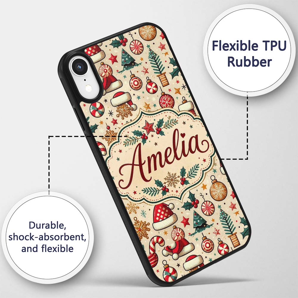 Christmas Tree Candy Cane Baubles Printed Design Custom Name Protective Phone Case Mobile Cover Durable Everyday Smartphone Shock Resistant
