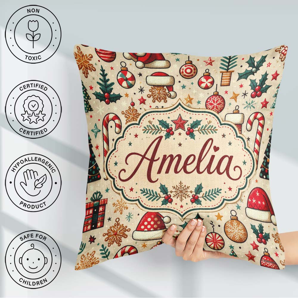 Custom Name Christmas Tree Cane Baubles Seamless Pattern Festive Square Filled Cushion Throw Pillow Sofa Bed Home Decor Zip Washable UK Made