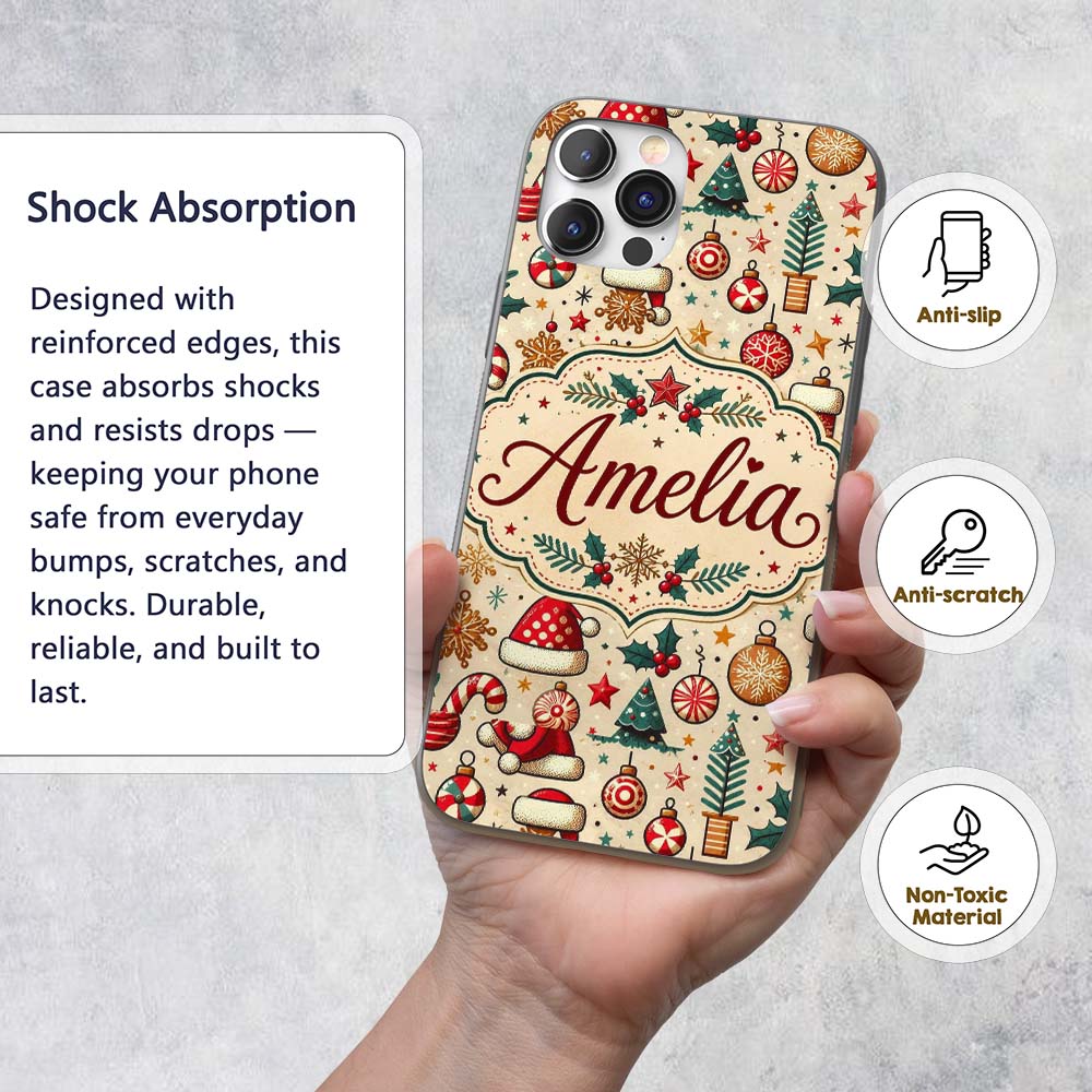 Christmas Tree Candy Cane Baubles Printed Design Custom Name Protective Phone Case Mobile Cover Durable Everyday Smartphone Shock Resistant