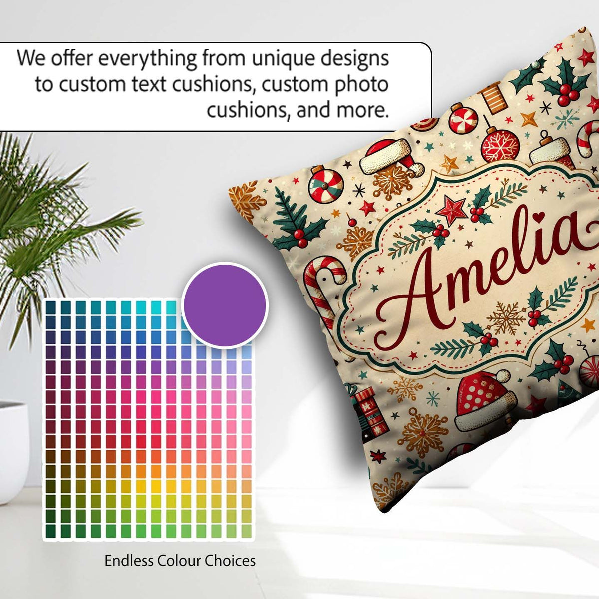 Custom Name Christmas Tree Cane Baubles Seamless Pattern Festive Square Filled Cushion Throw Pillow Sofa Bed Home Decor Zip Washable UK Made