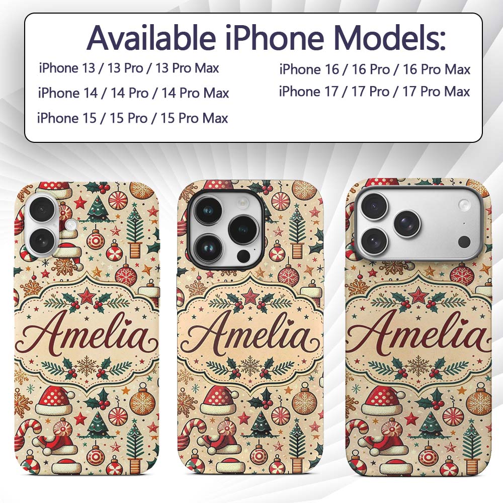 Christmas Tree Candy Cane Baubles Printed Design Custom Name Protective Phone Case Mobile Cover Durable Everyday Smartphone Shock Resistant