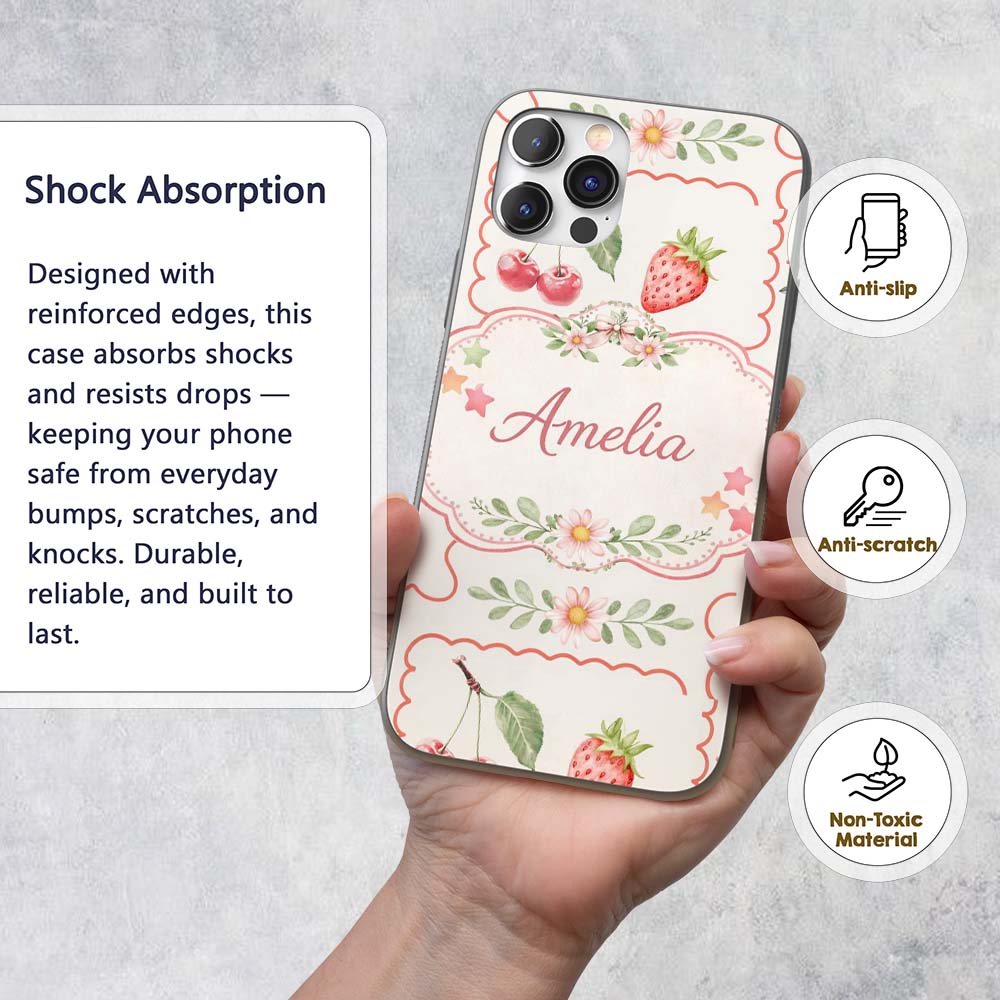 Strawberry Cherry Bow Seamless Printed Design Custom Name Protective Phone Case Mobile Cover Durable Everyday Smartphone Shock Resistant