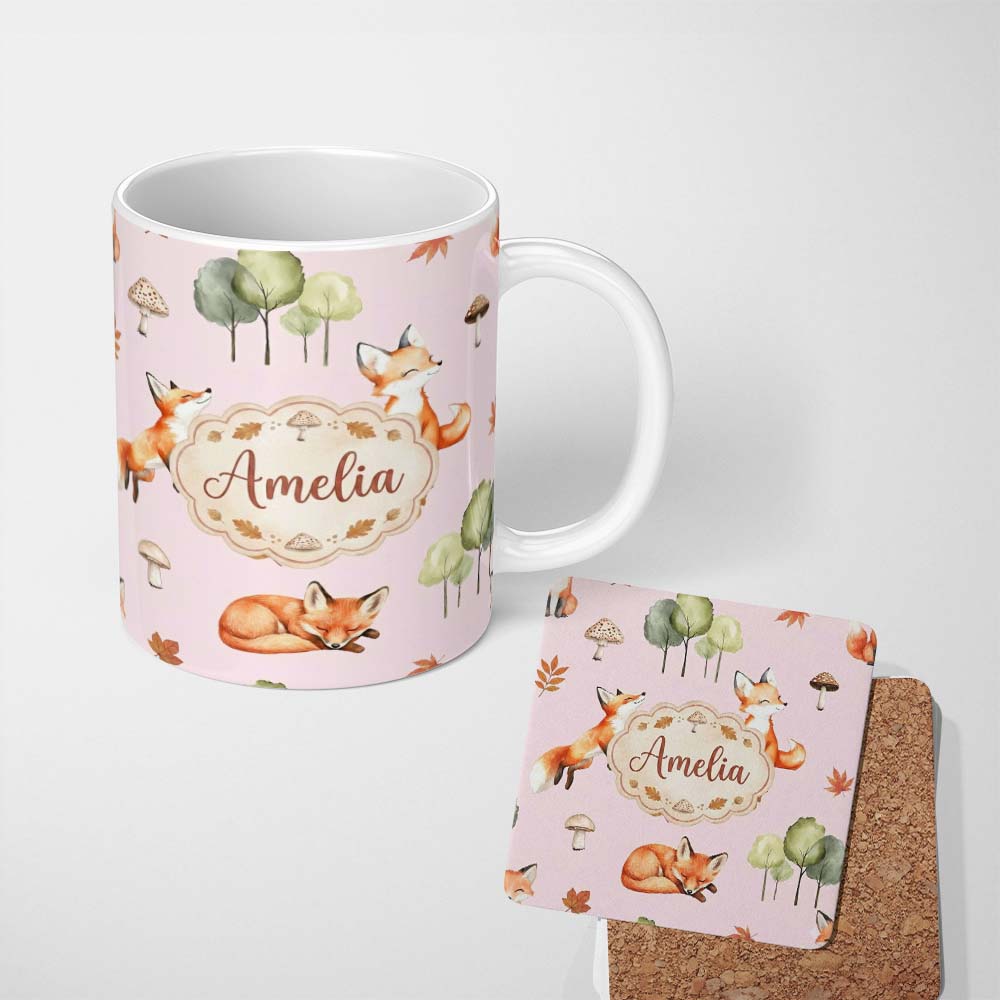 Personalized Custom Name Woodland Fox with Trees Leaves Mushrooms Soft Blush Seamless 11oz Ceramic Coffee Tea Mug White Large Handle
