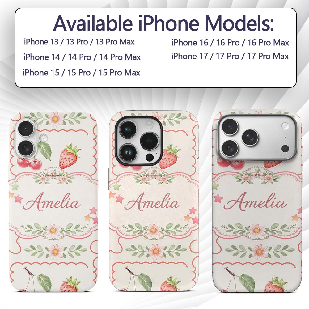Strawberry Cherry Bow Seamless Printed Design Custom Name Protective Phone Case Mobile Cover Durable Everyday Smartphone Shock Resistant