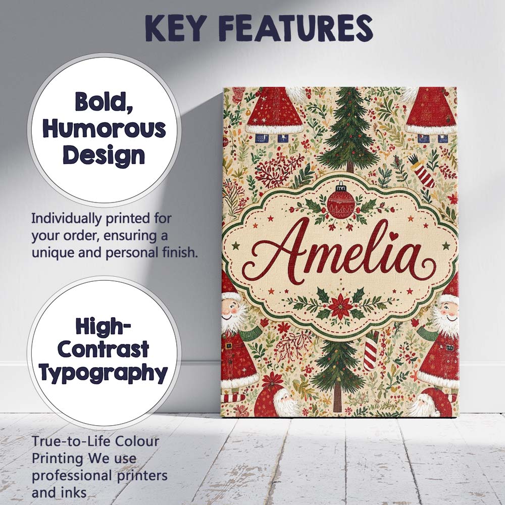 Personalised Name Whimsical Santa Gnome Custom Modern Room Accent Elegant Feature Canvas Wall Art Print Decor Picture Ready to Hang