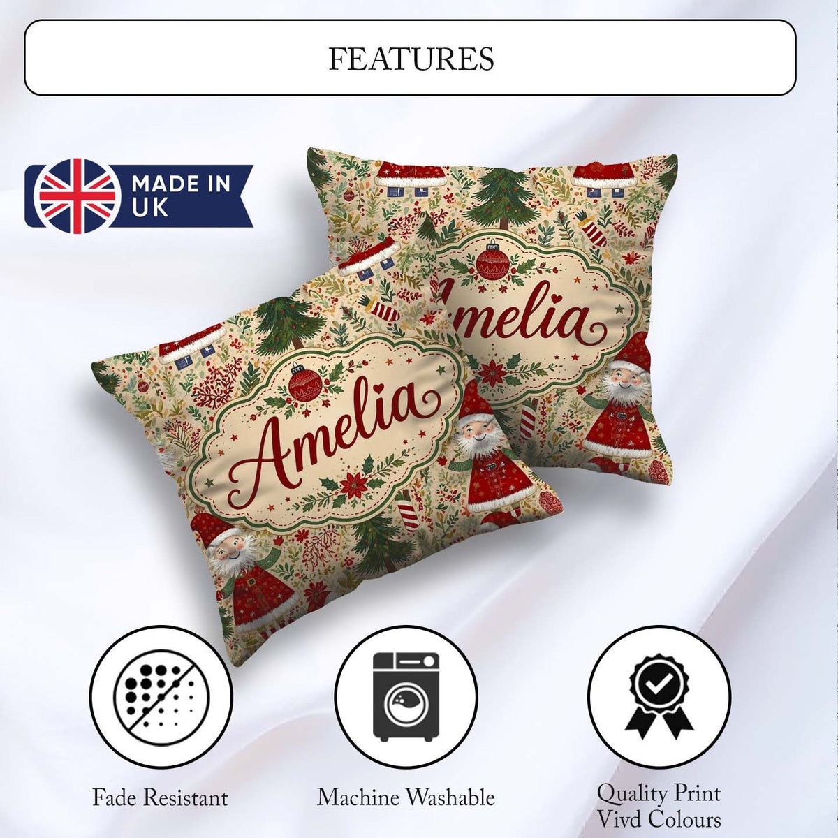 Custom Name Whimsical Santa Gnome Trees Seamless Pattern Festive Square Filled Cushion Throw Pillow Sofa Bed Home Decor Zip Washable UK Made