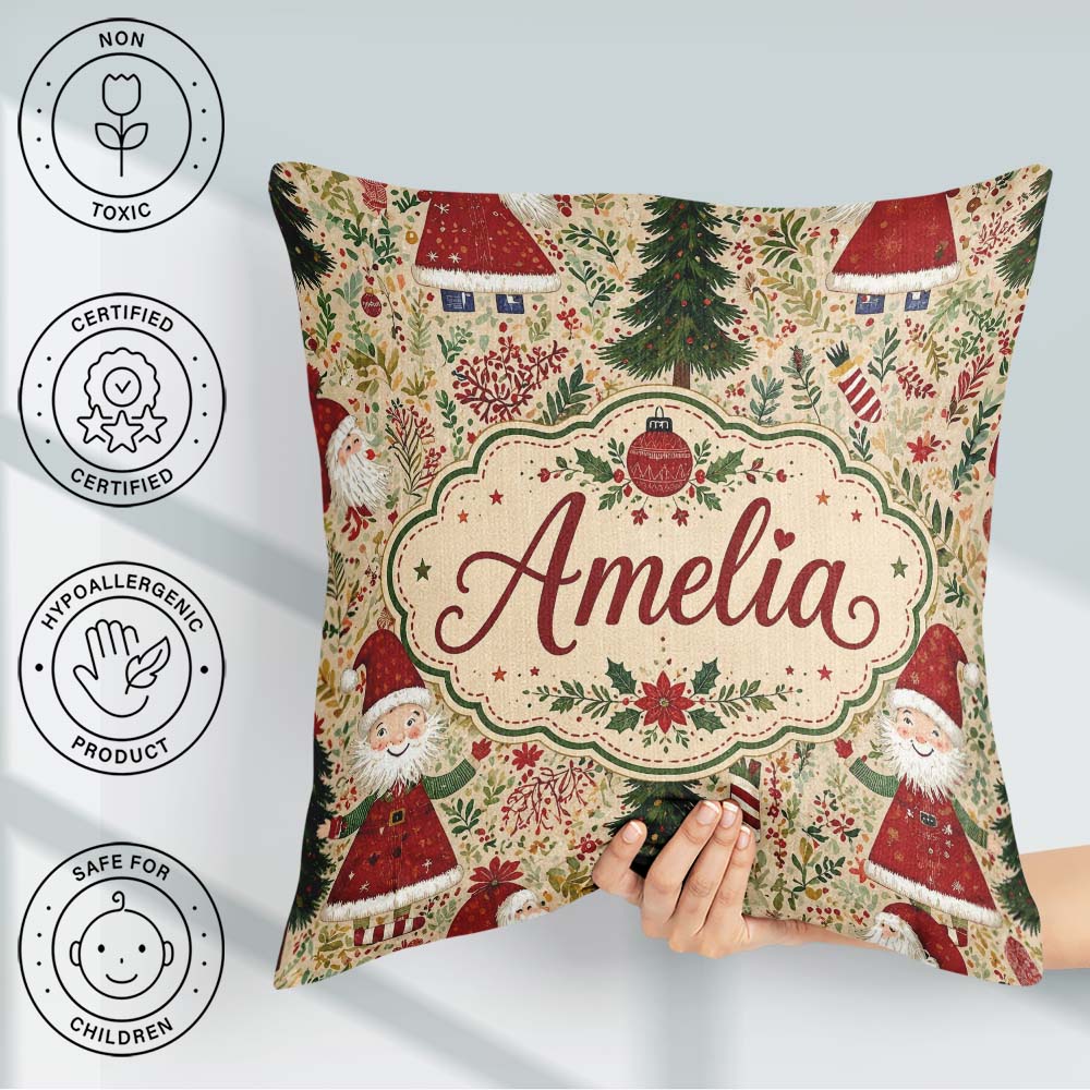 Custom Name Whimsical Santa Gnome Trees Seamless Pattern Festive Square Filled Cushion Throw Pillow Sofa Bed Home Decor Zip Washable UK Made