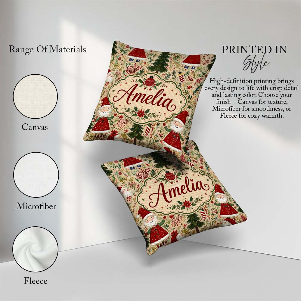 Custom Name Whimsical Santa Gnome Trees Seamless Pattern Festive Square Filled Cushion Throw Pillow Sofa Bed Home Decor Zip Washable UK Made
