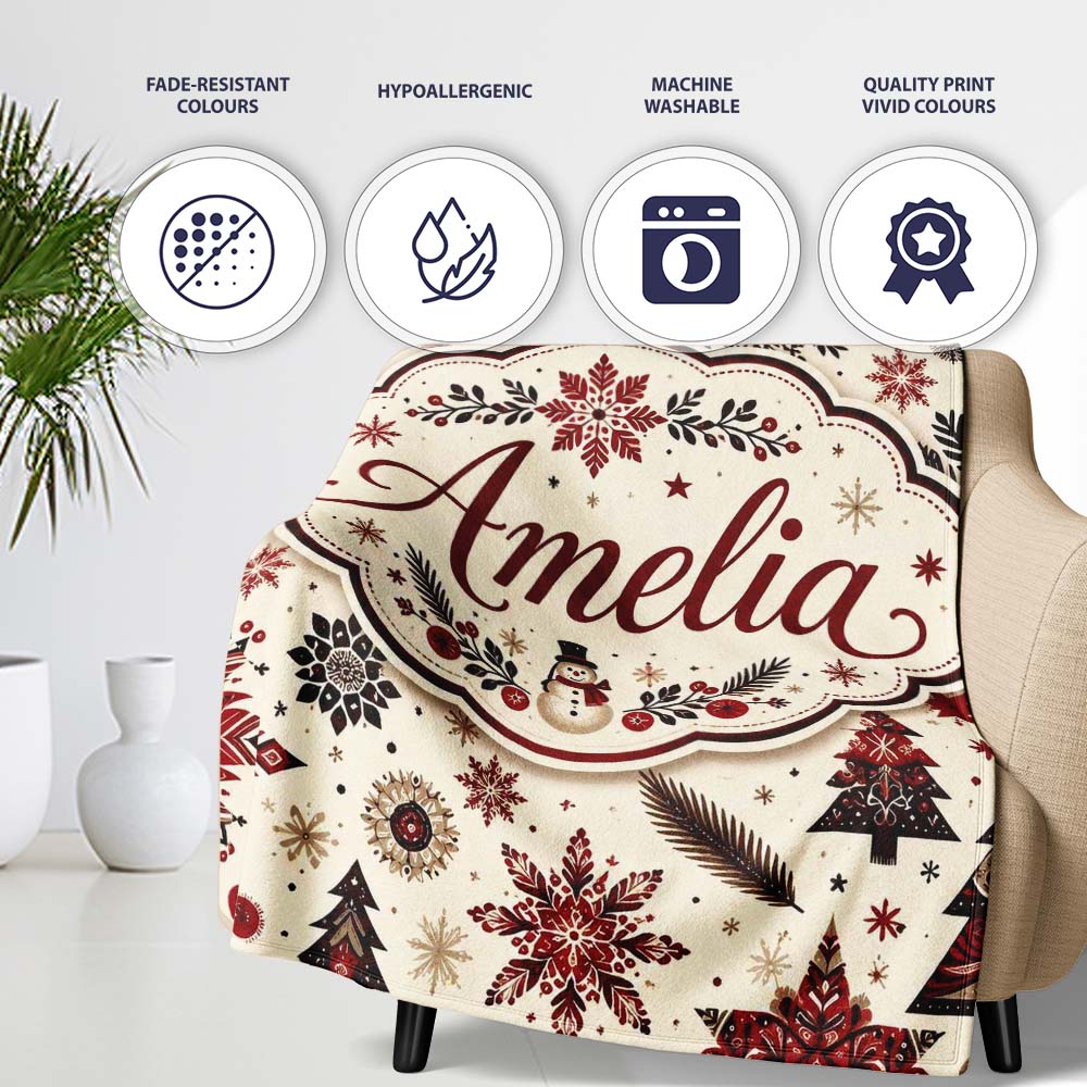 Red Black Snowflakes Christmas Trees Seamless Pattern Festive Lovely Personalised Custom Name Super Soft Fleece Blanket Bed Sofa Throw