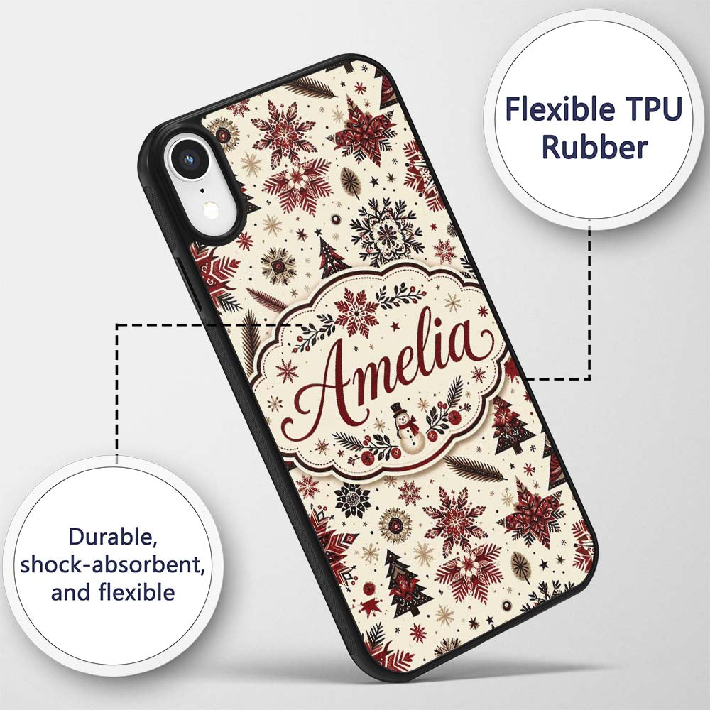Red Black Snowflakes Christmas Trees Seamless Custom Name Protective Phone Case Mobile Cover Durable Everyday Smartphone Shock Resistant