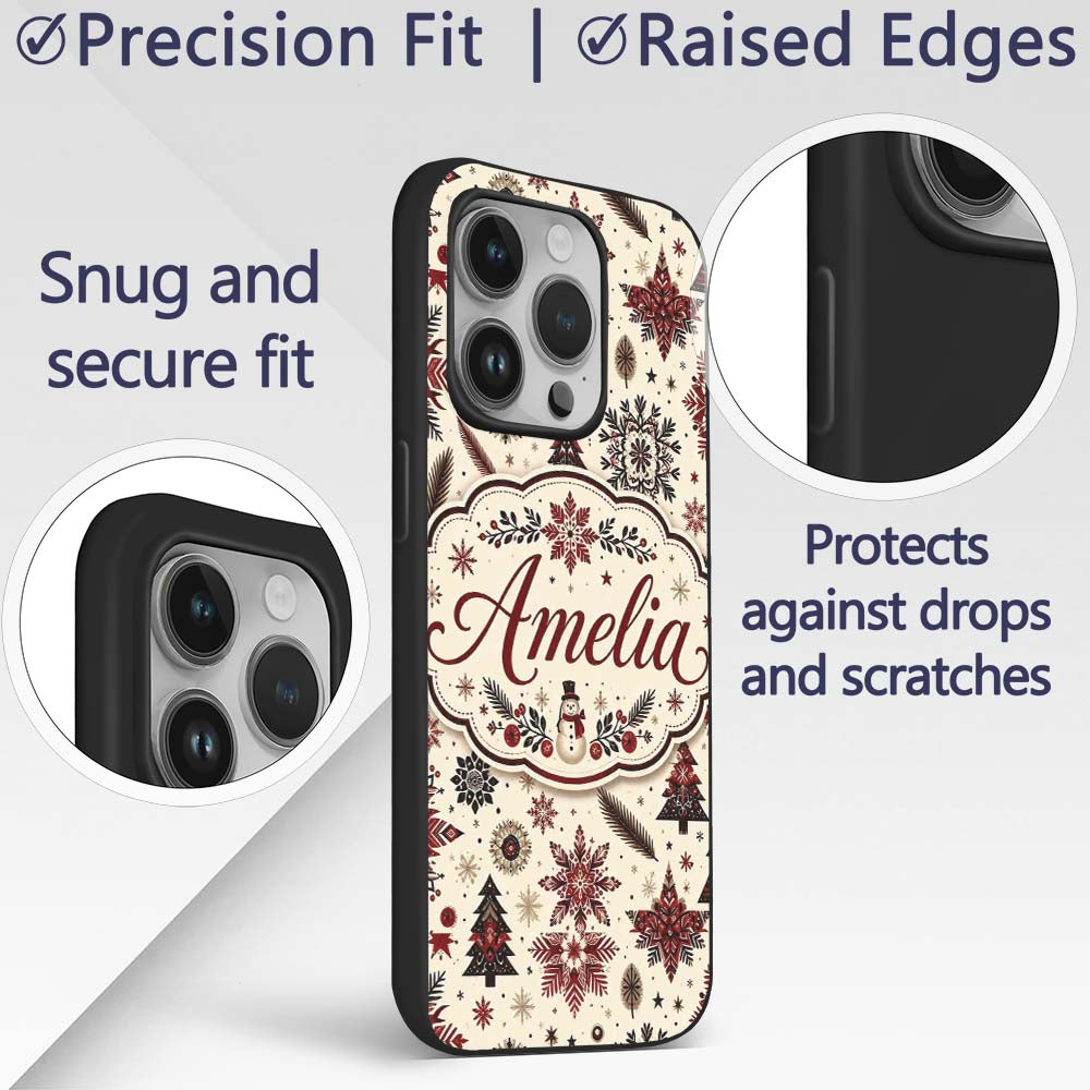 Red Black Snowflakes Christmas Trees Seamless Custom Name Protective Phone Case Mobile Cover Durable Everyday Smartphone Shock Resistant