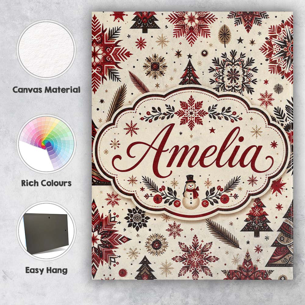 Personalised Name Red Black Snowflakes Custom Modern Room Accent Elegant Feature Canvas Wall Art Print Decor Picture Ready to Hang