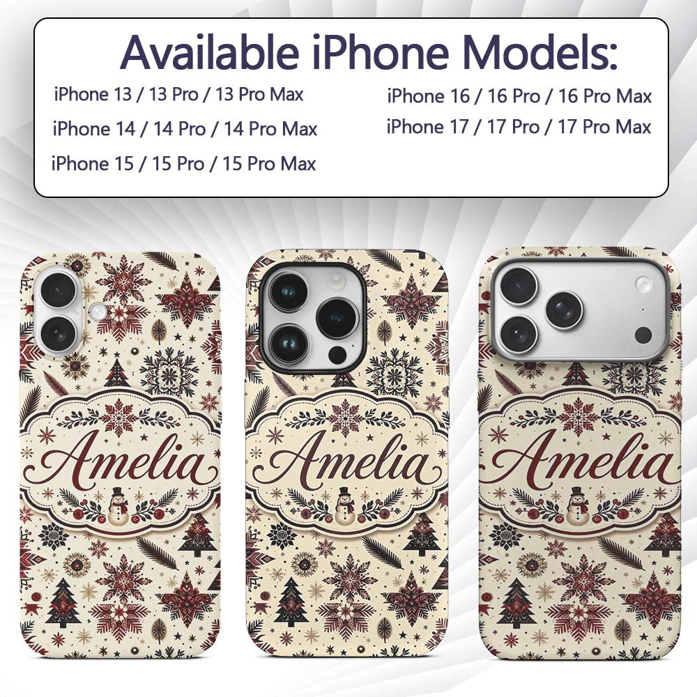 Red Black Snowflakes Christmas Trees Seamless Custom Name Protective Phone Case Mobile Cover Durable Everyday Smartphone Shock Resistant