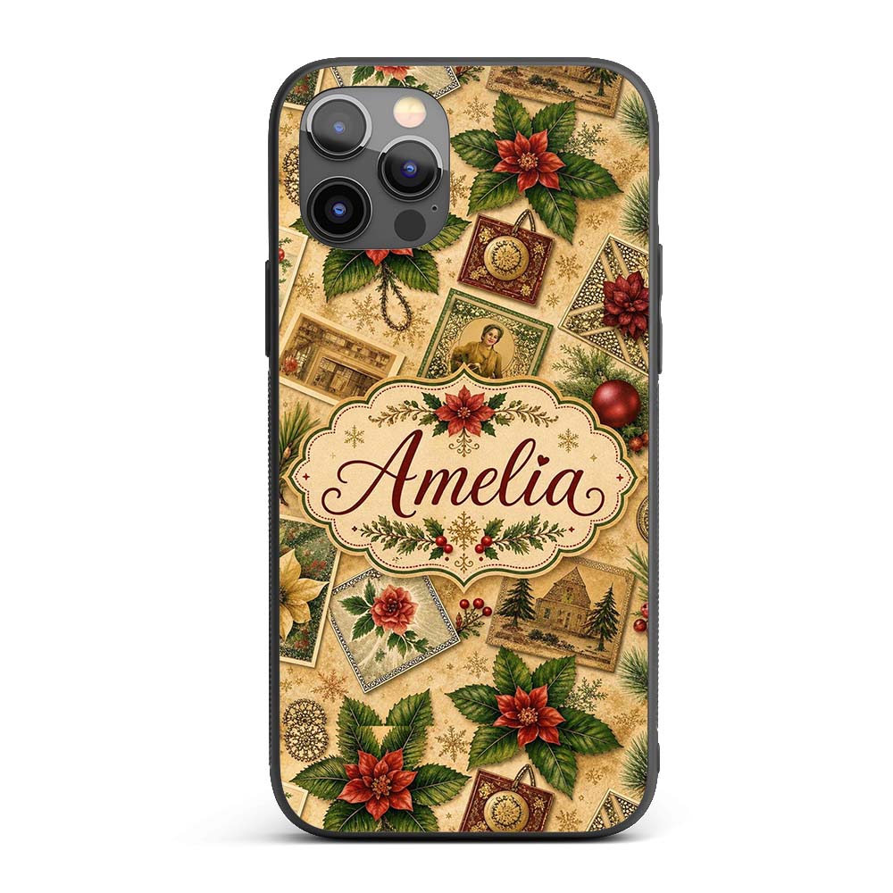 Vintage Christmas Postcards Poinsettia Holly Custom Name Protective Phone Case Mobile Cover Durable Everyday Smartphone Shock Resistant